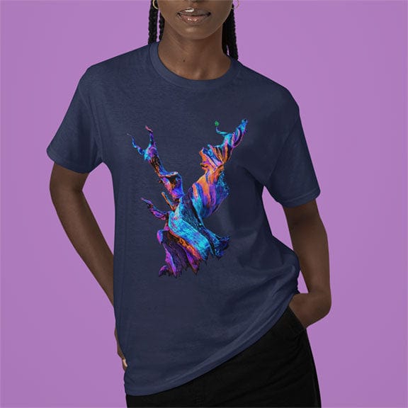 Woman wearing vibrant iridescent weathered tree with one green leaf remaining navy t-shirt for survival resilience weathered strength proof of life spiritual endurance
