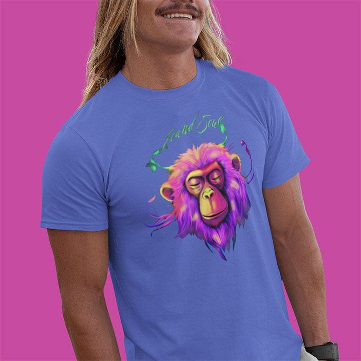 Man wearing vibrant pink purple monkey with closed eyes and stillness purple t-shirt for meditation busy mind peace grounding spiritual rest