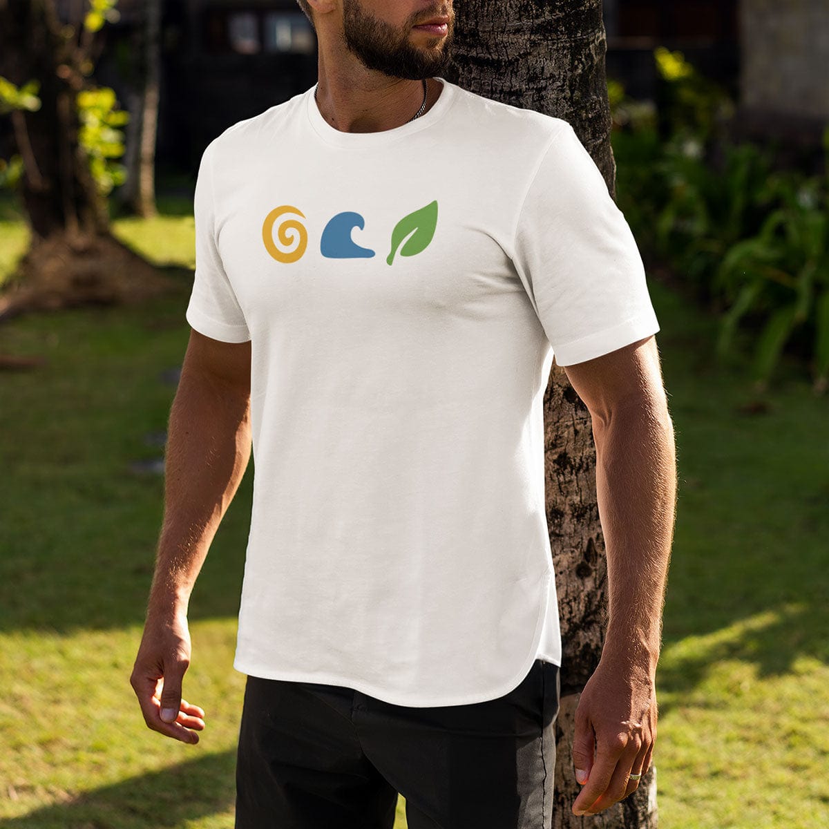 Man in sun wave leaf symbols white t-shirt for elemental wisdom and nature teachings.