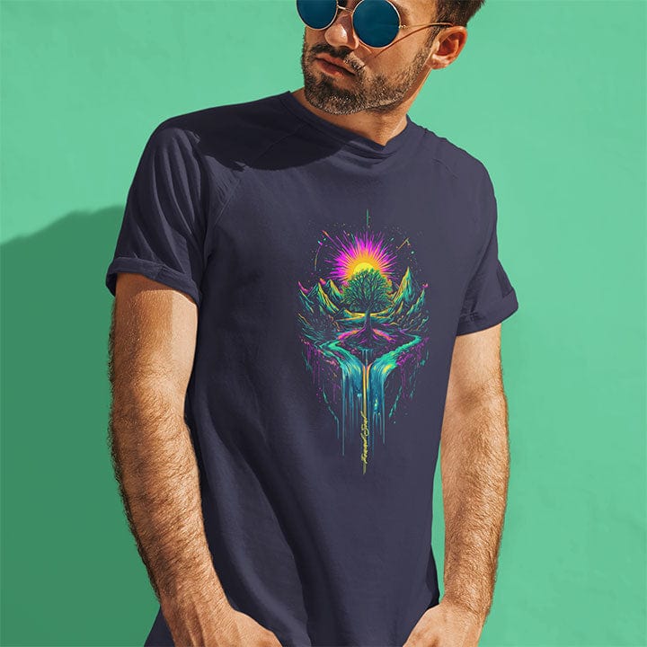 Man wearing cosmic tree of life with roots mountains and sunset navy t-shirt for grounding and expansion.