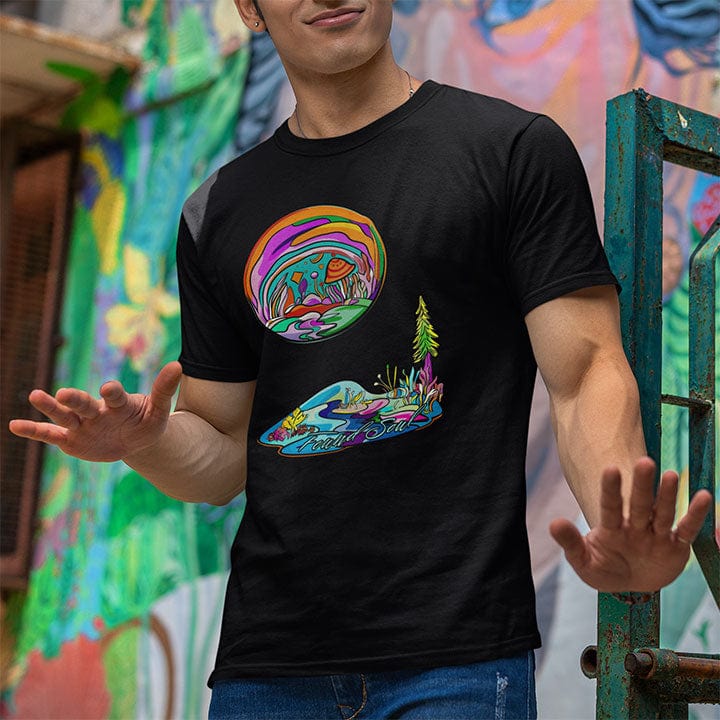 Man wearing vibrant surreal oasis swirling cosmic sky white t-shirt for refuge spiritual rest weird home