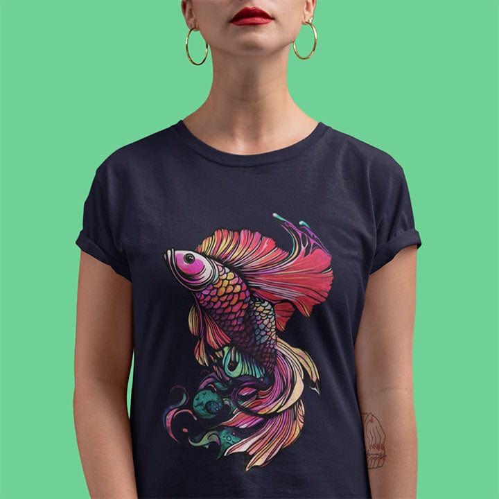 Woman wearing betta fish with flowing fins navy t-shirt for water dance graceful resistance flow adjustment spiritual movement
