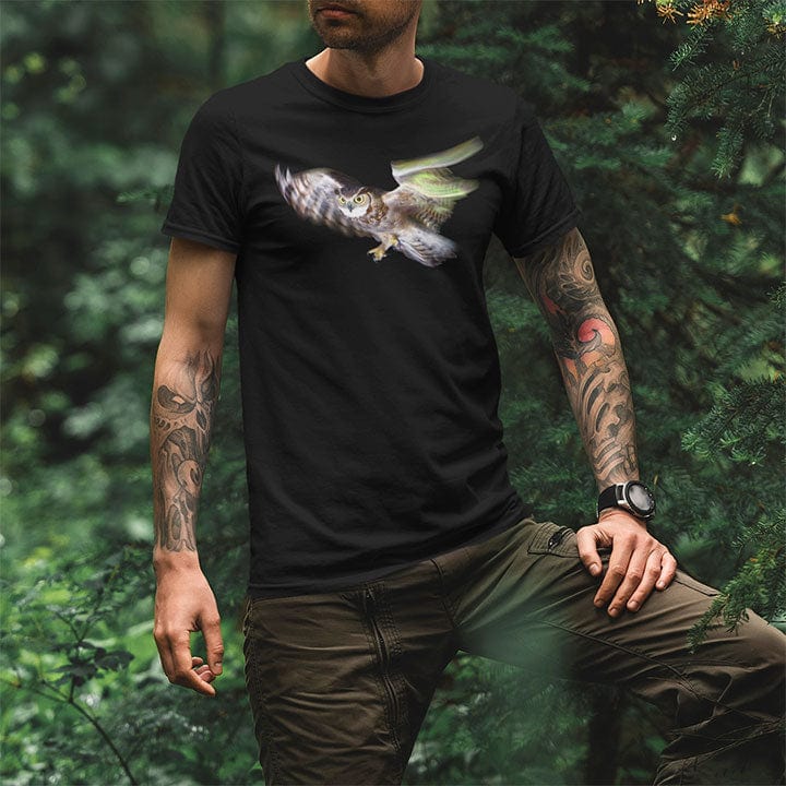 Man wearing owl in flight with on black t-shirt for owl wisdom silent learning nature mysticism