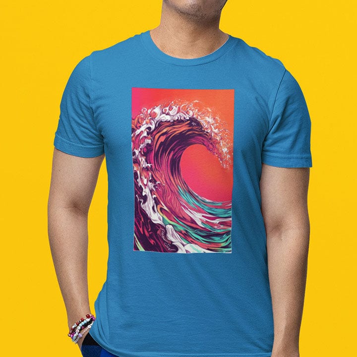 Man wearing magenta coral turquoise wave sunset blue t-shirt for ocean raw power and constant rhythm.