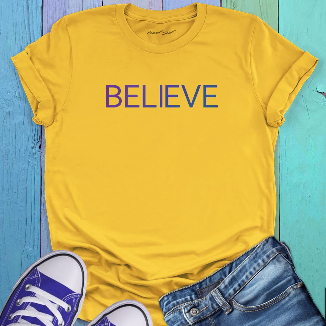 Yellow believe t-shirt for hope and faith affirmation spiritual apparel
