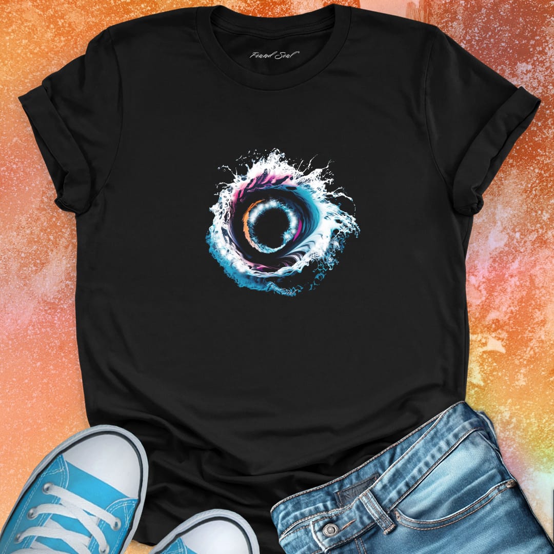 Swirling water vortex on black t-shirt for water mysticism flow spiral.