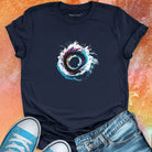Swirling water vortex on navy t-shirt for water mysticism flow spiral.