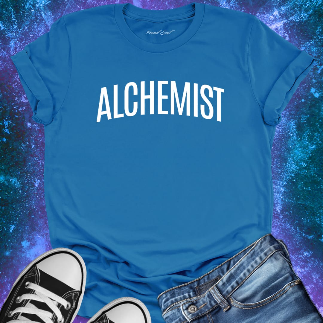 Alchemist blue t-shirt for transformation and personal alchemy.