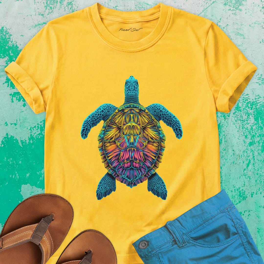 Sea turtle bold mosaic patterns yellow t-shirt for instinct and inner navigation.