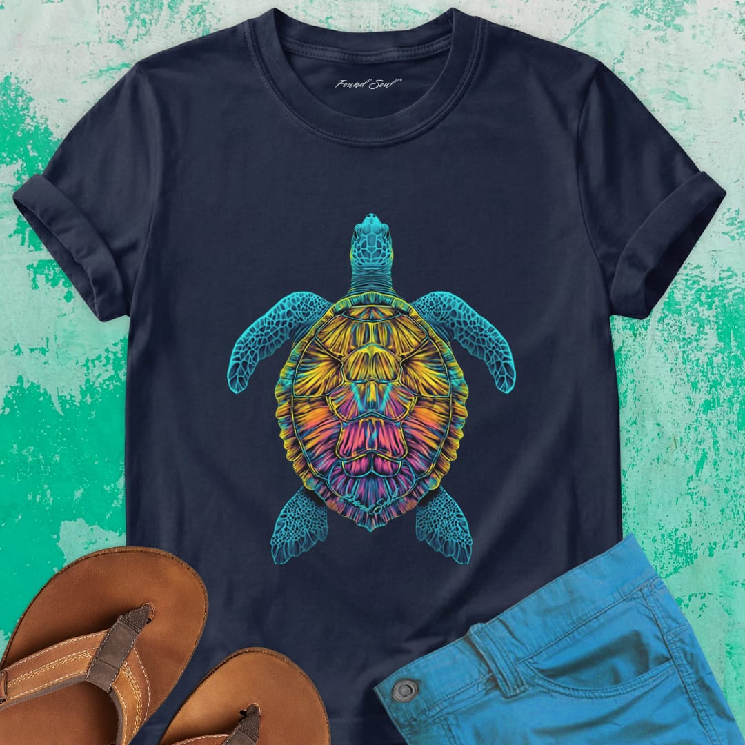 Sea turtle bold mosaic patterns navy t-shirt for instinct and inner navigation.