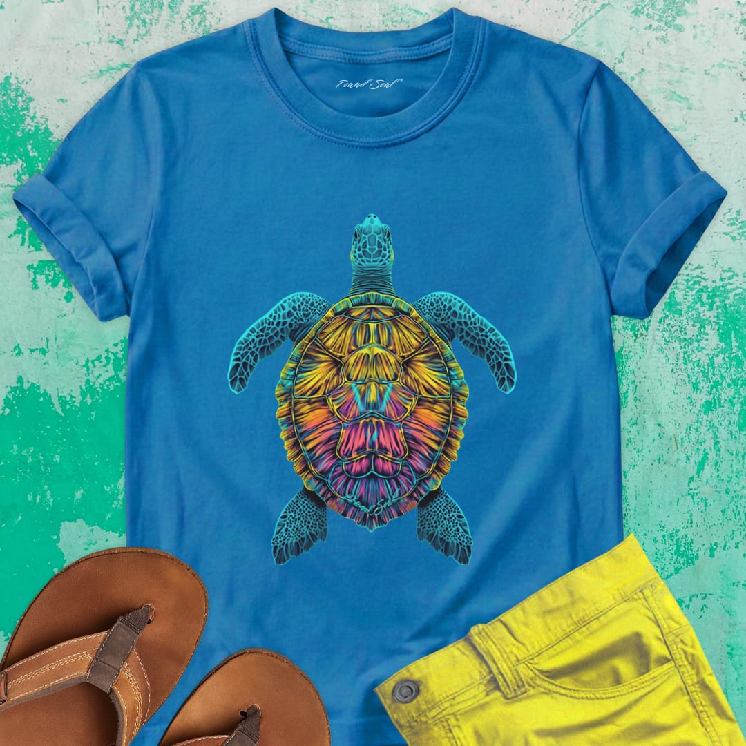 Sea turtle bold mosaic patterns blue t-shirt for instinct and inner navigation.