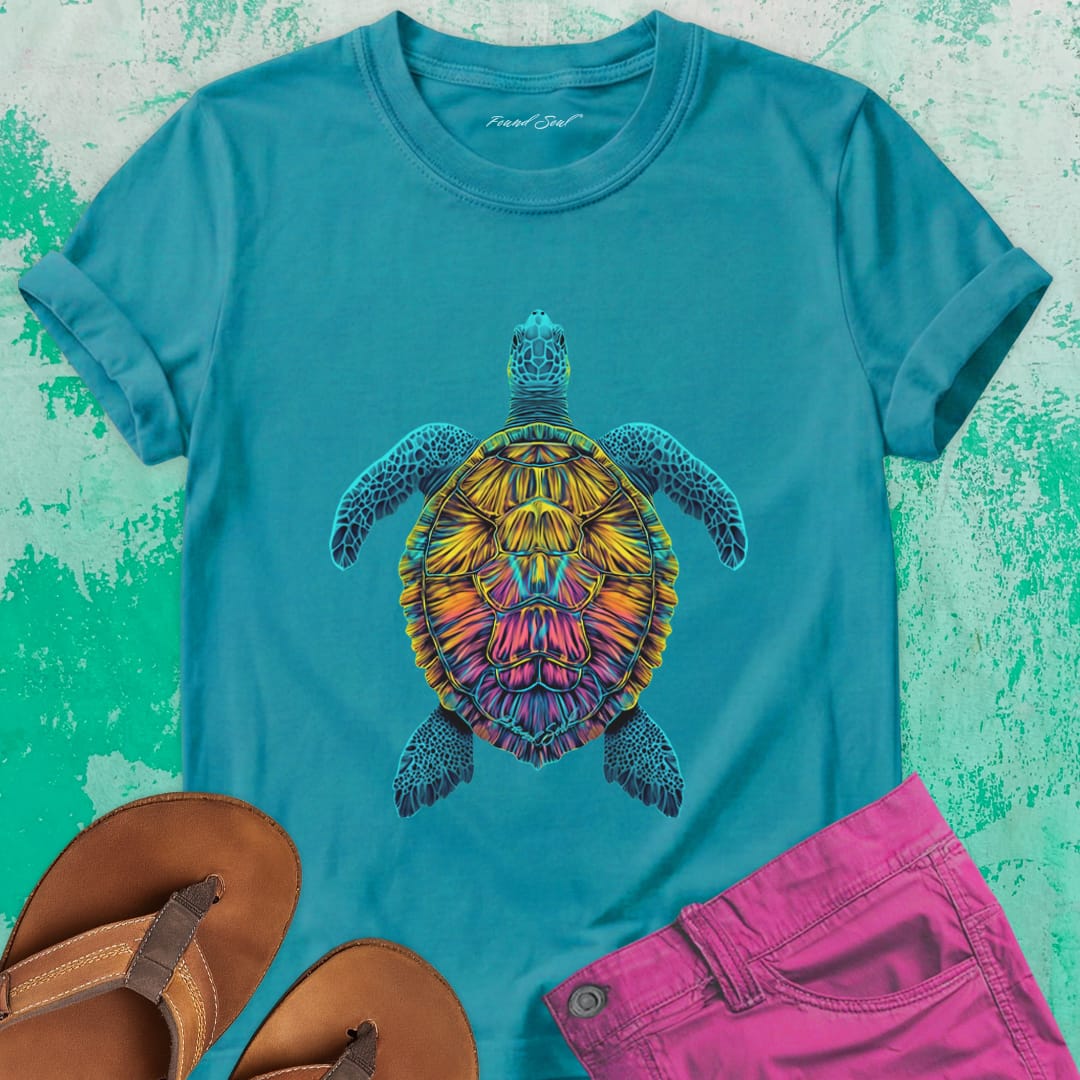 Sea turtle bold mosaic patterns turquoise t-shirt for instinct and inner navigation.