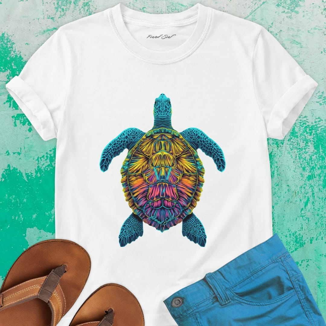 Sea turtle bold mosaic patterns white t-shirt for instinct and inner navigation.