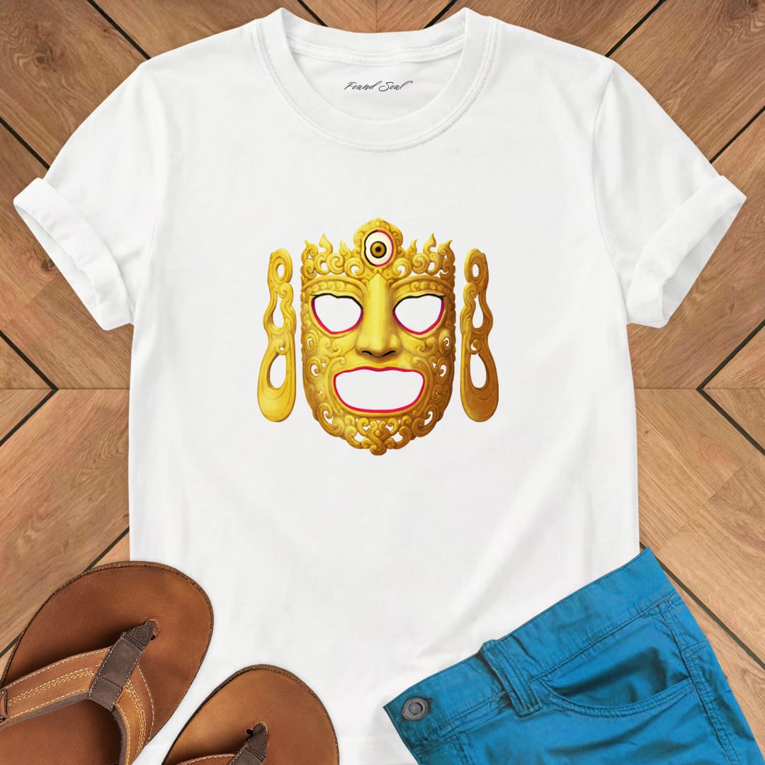 Ornate Buddha ceremonial dance mask on white t-shirt for Buddhist ritual sacred vessel mystery tradition