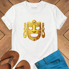 Ornate Buddha ceremonial dance mask on white t-shirt for Buddhist ritual sacred vessel mystery tradition