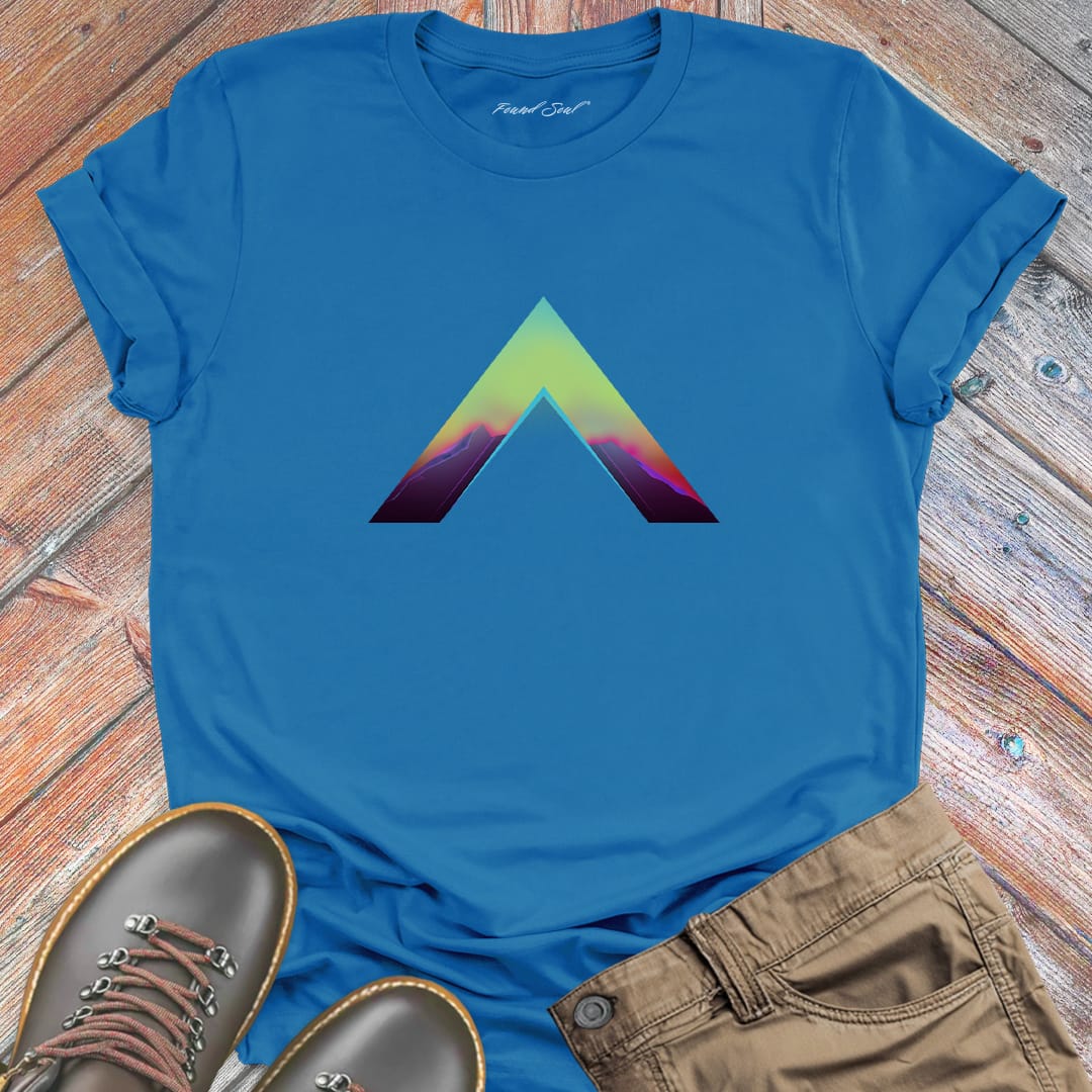 Mountain peak in sunset twilight blue t-shirt for ascension climbing upward nature spiritual rising perspective gain