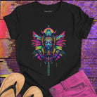 Female shaman figure radiating vibrant prismatic energy on black t-shirt for astral healing shamanic journey spiritual work