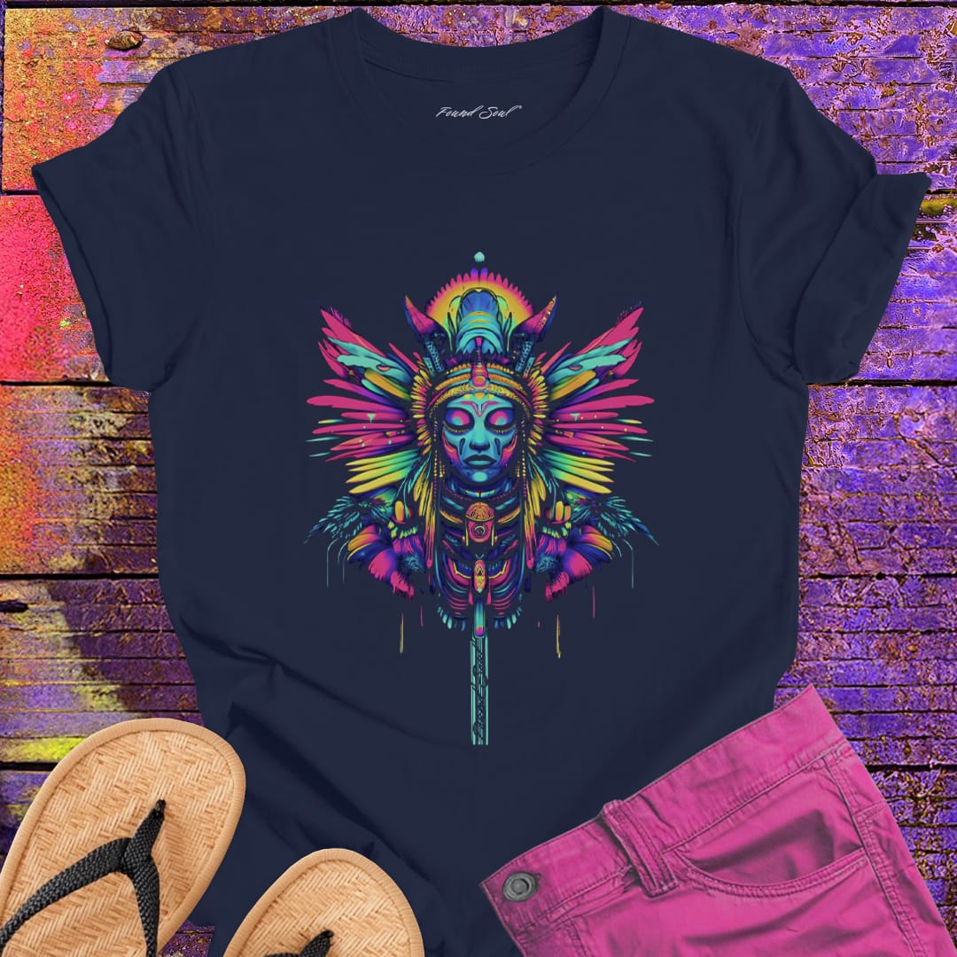 Female shaman figure radiating vibrant prismatic energy on navy t-shirt for astral healing shamanic journey spiritual work