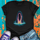Lone figure at glowing cave portal entrance on black t-shirt for awakening threshold crossing and courage.