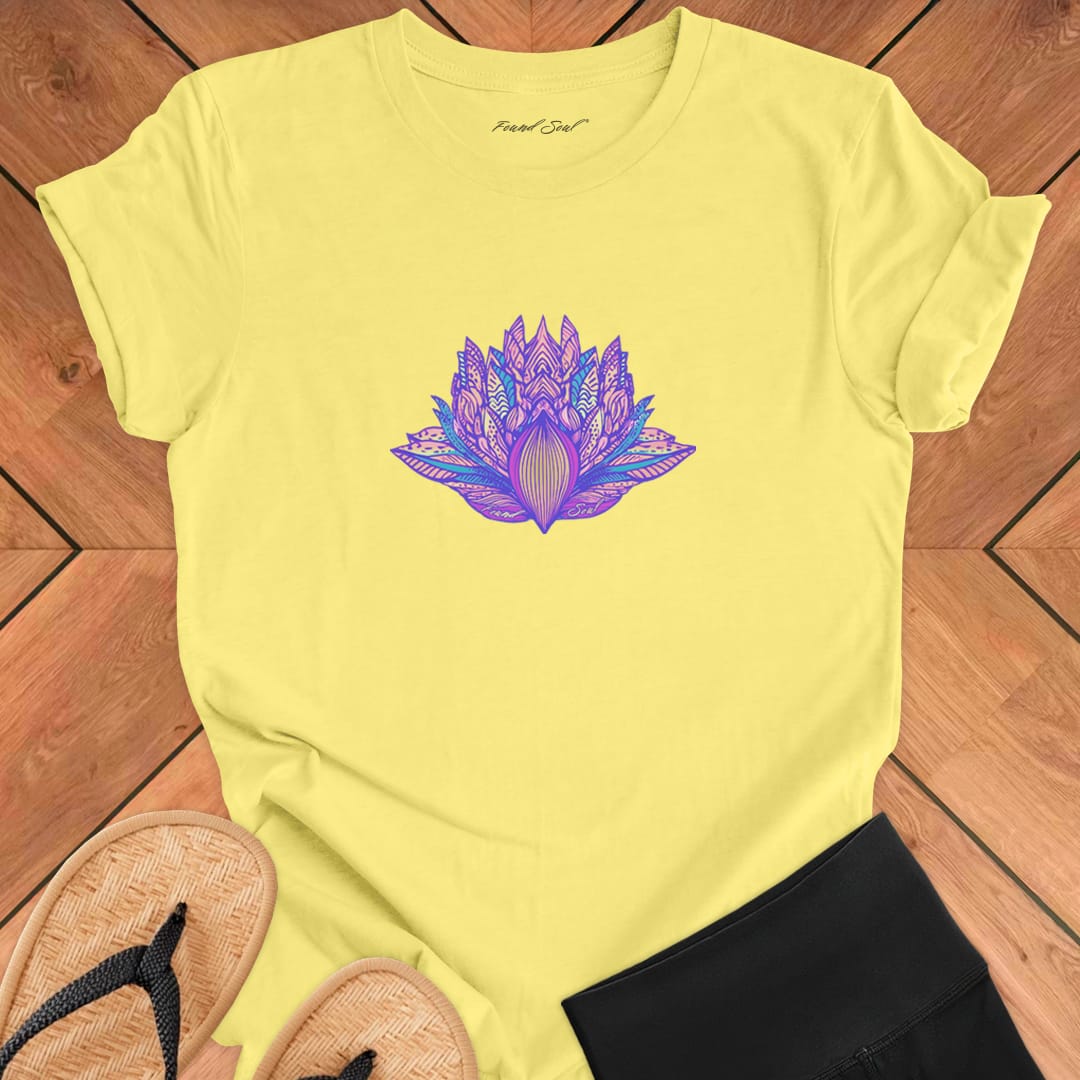 Ornate lotus with detailed line work on yellow t-shirt for awakening patient blooming lotus wisdom spiritual unfolding trust