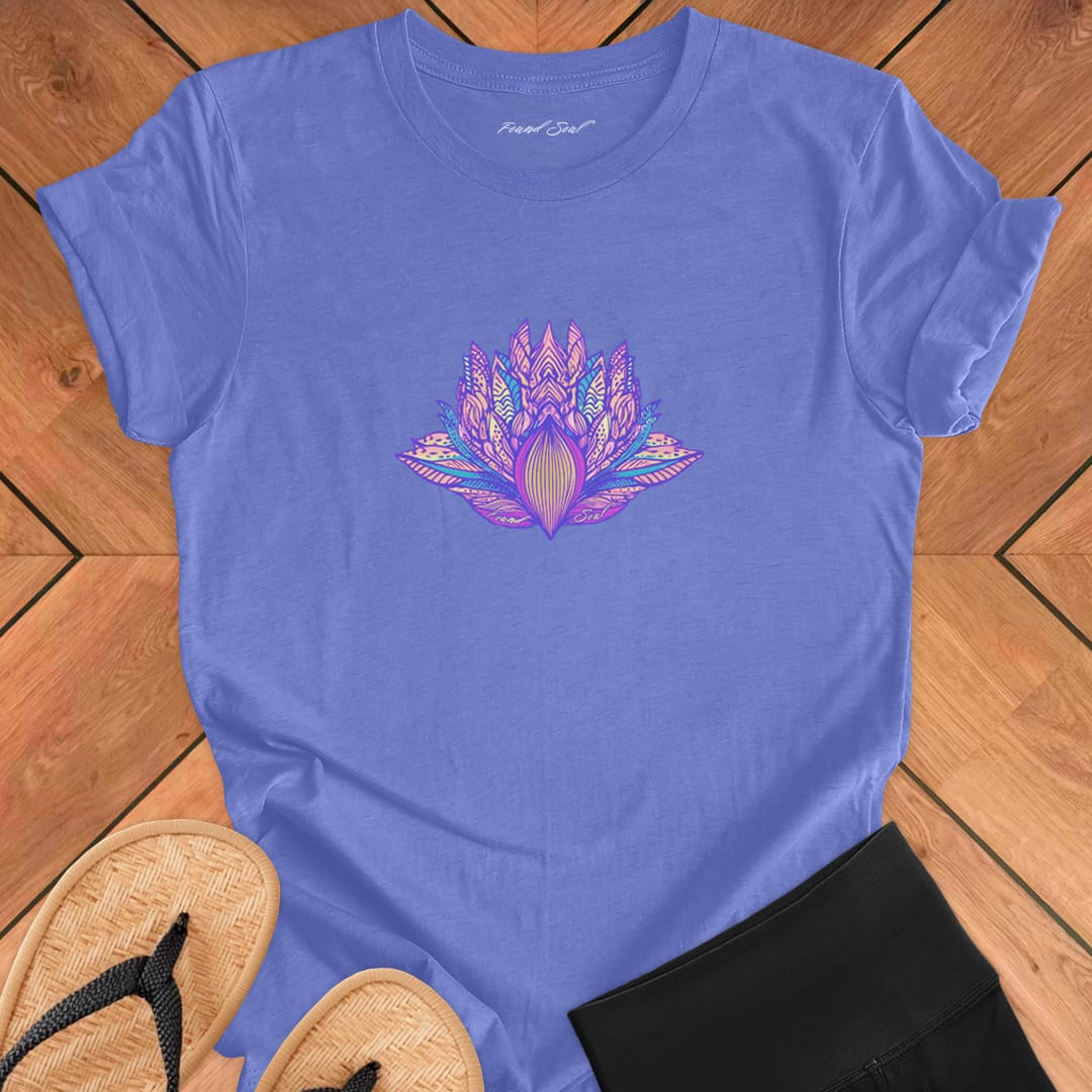 Ornate lotus with detailed line work on purple t-shirt for awakening patient blooming lotus wisdom spiritual unfolding trust