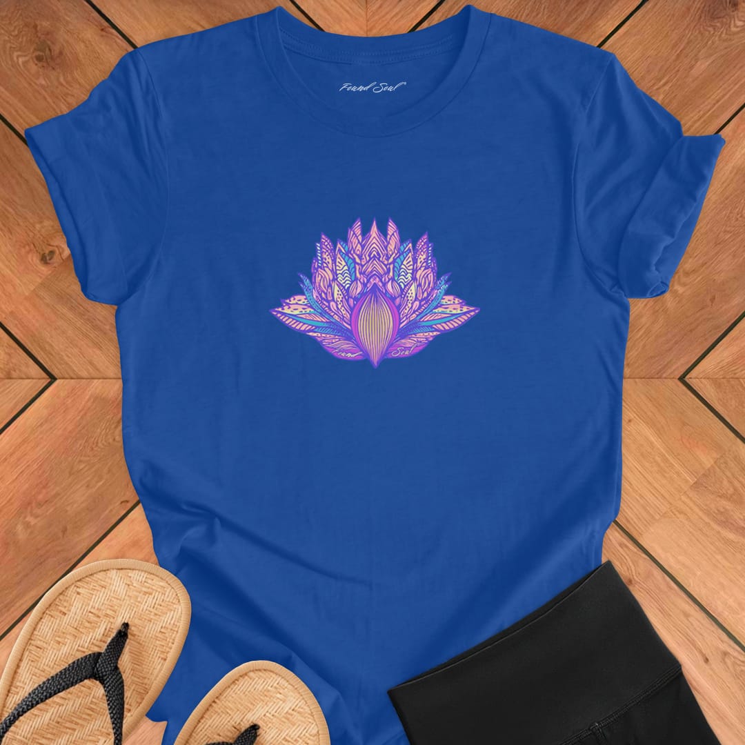 Ornate lotus with detailed line work on blue t-shirt for awakening patient blooming lotus wisdom spiritual unfolding trust