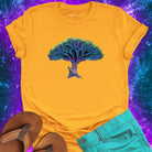 Mystical dragon blood tree with umbrella canopy yellow t-shirt for soul awakening ancient tree form root memory spiritual structure