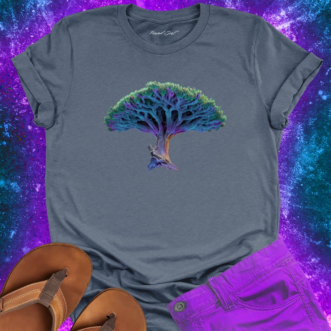 Mystical dragon blood tree with umbrella canopy grey t-shirt for soul awakening ancient tree form root memory spiritual structure