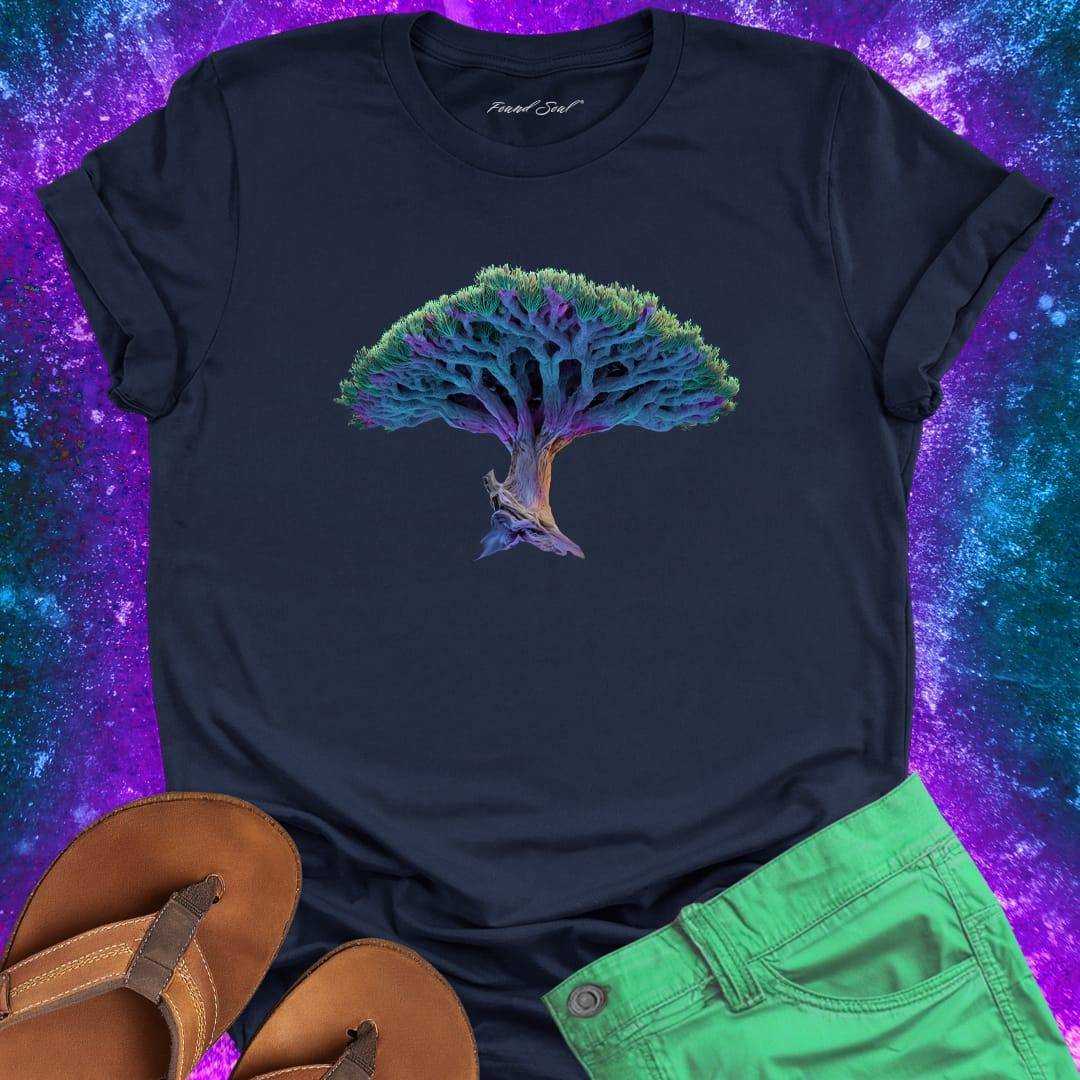 Mystical dragon blood tree with umbrella canopy navy t-shirt for soul awakening ancient tree form root memory spiritual structure