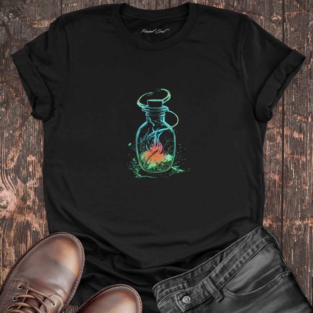 Glowing bottle with swirling cosmic magic on black t-shirt for boundless energy contained magic spiritual defiance