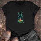 Glowing bottle with swirling cosmic magic on black t-shirt for boundless energy contained magic spiritual defiance