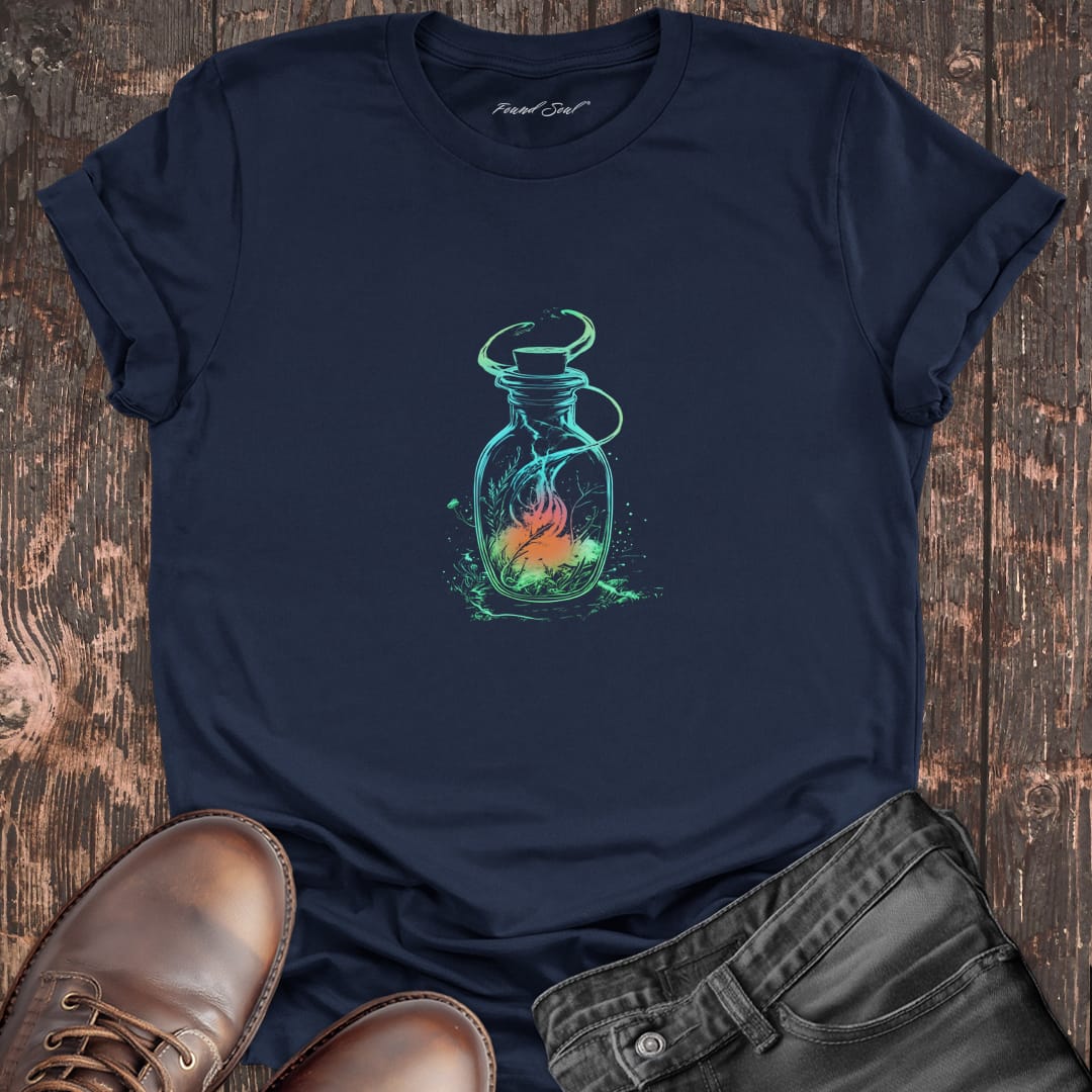 Glowing bottle with swirling cosmic magic on navy t-shirt for boundless energy contained magic spiritual defiance