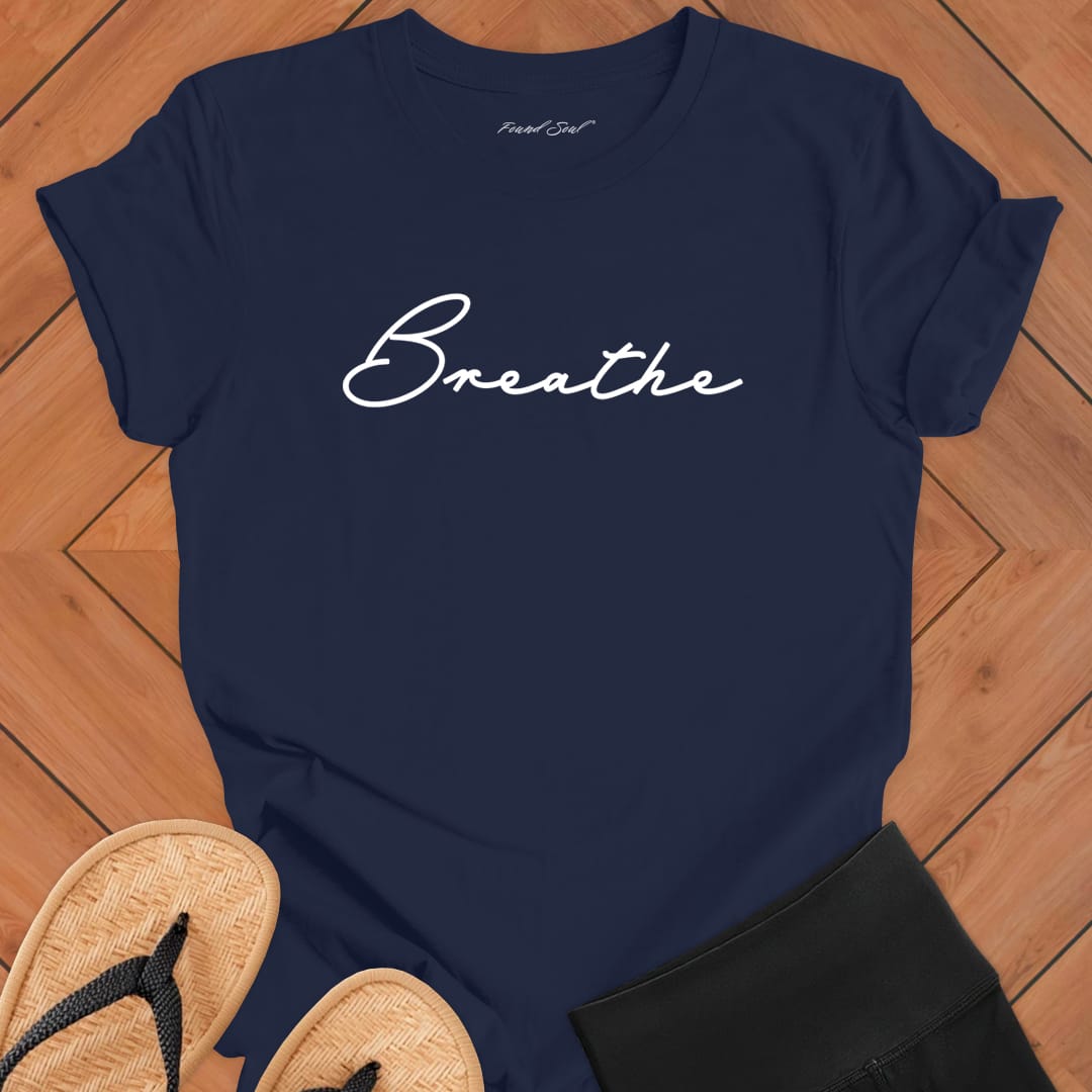 Breathe mediation navy t-shirt for mindfulness spiritual apparel.