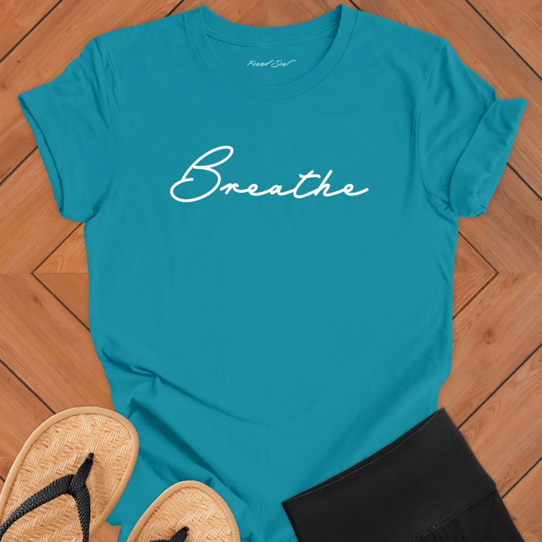 Breathe mediation turquoise t-shirt for mindfulness spiritual apparel.