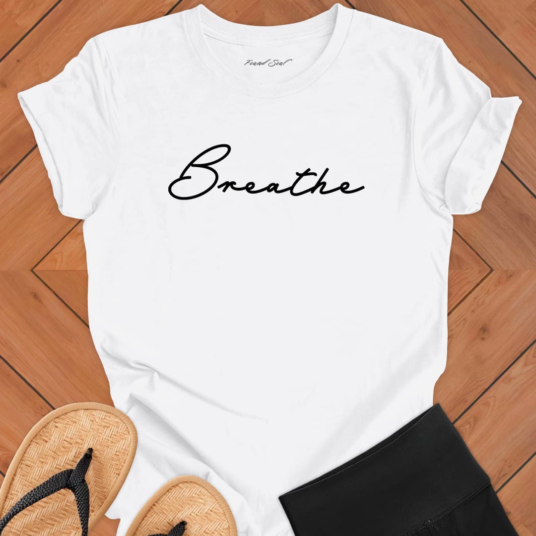 Breathe mediation white t-shirt for mindfulness spiritual apparel.