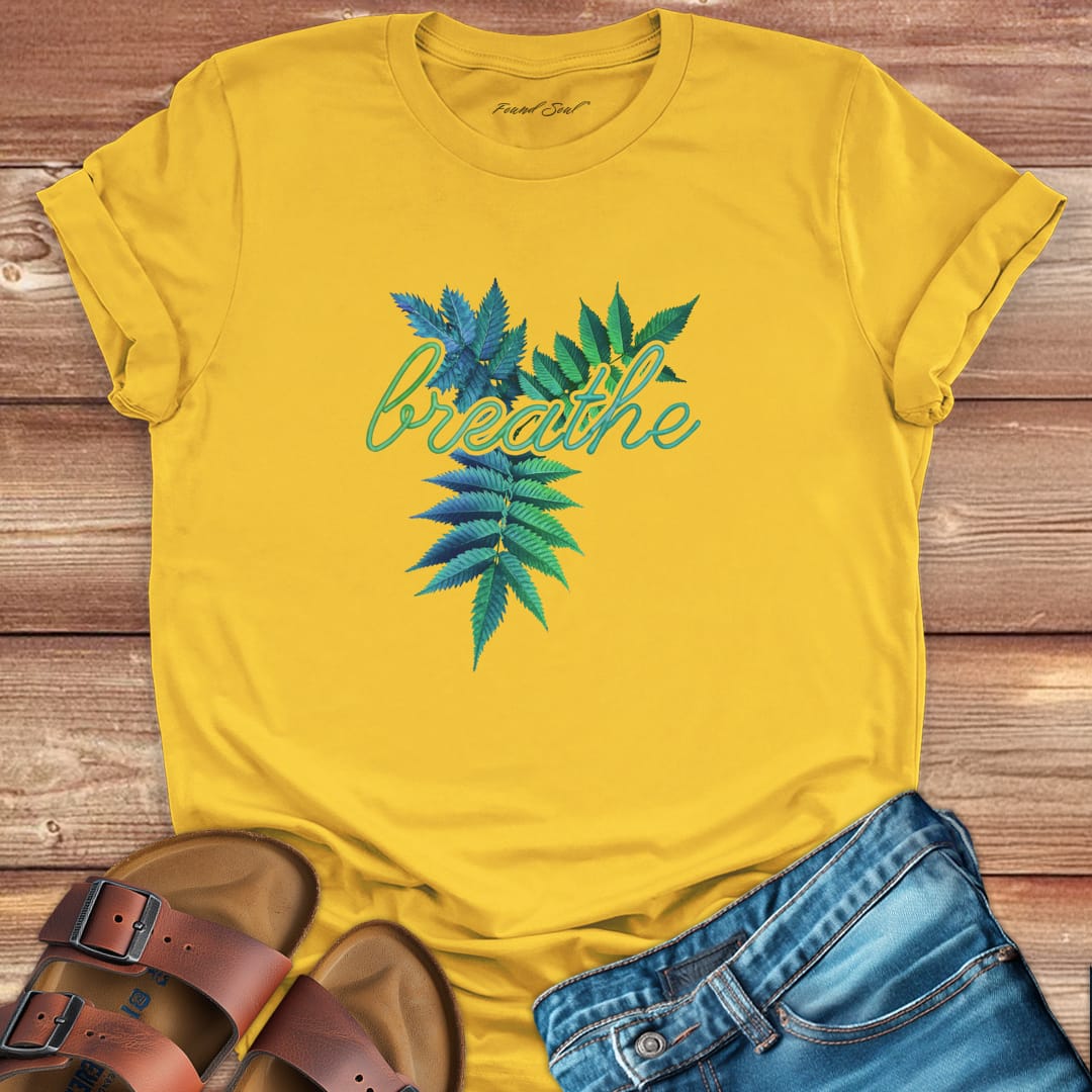 Breathe yellow t-shirt for mindfulness and presence.