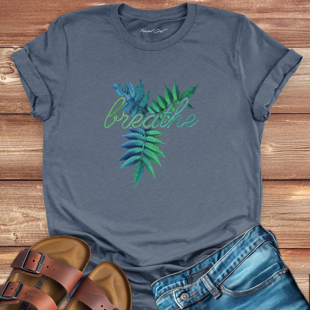 Breathe grey t-shirt for mindfulness and presence.