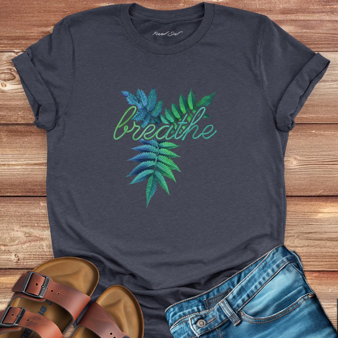 Breathe grey t-shirt for mindfulness and presence.