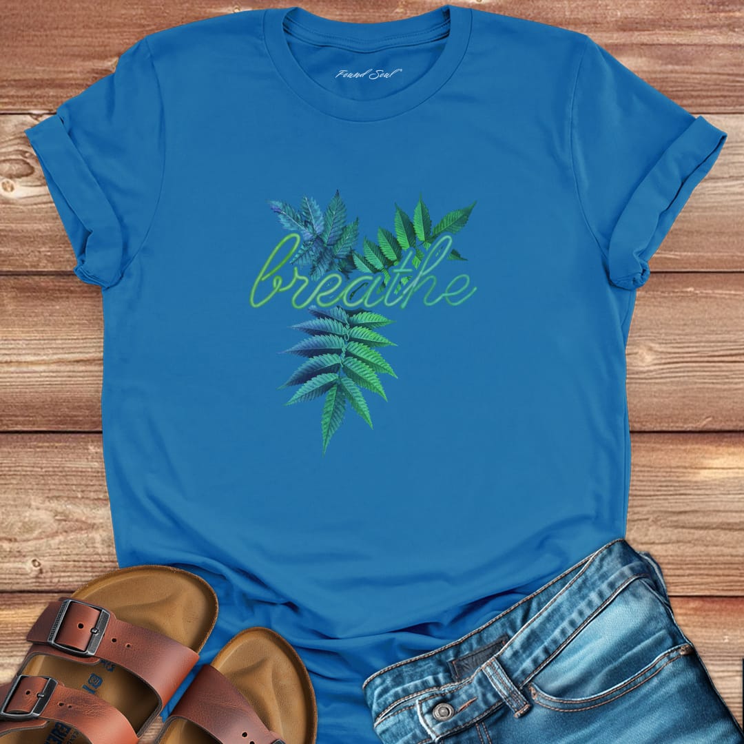 Breathe blue t-shirt for mindfulness and presence.