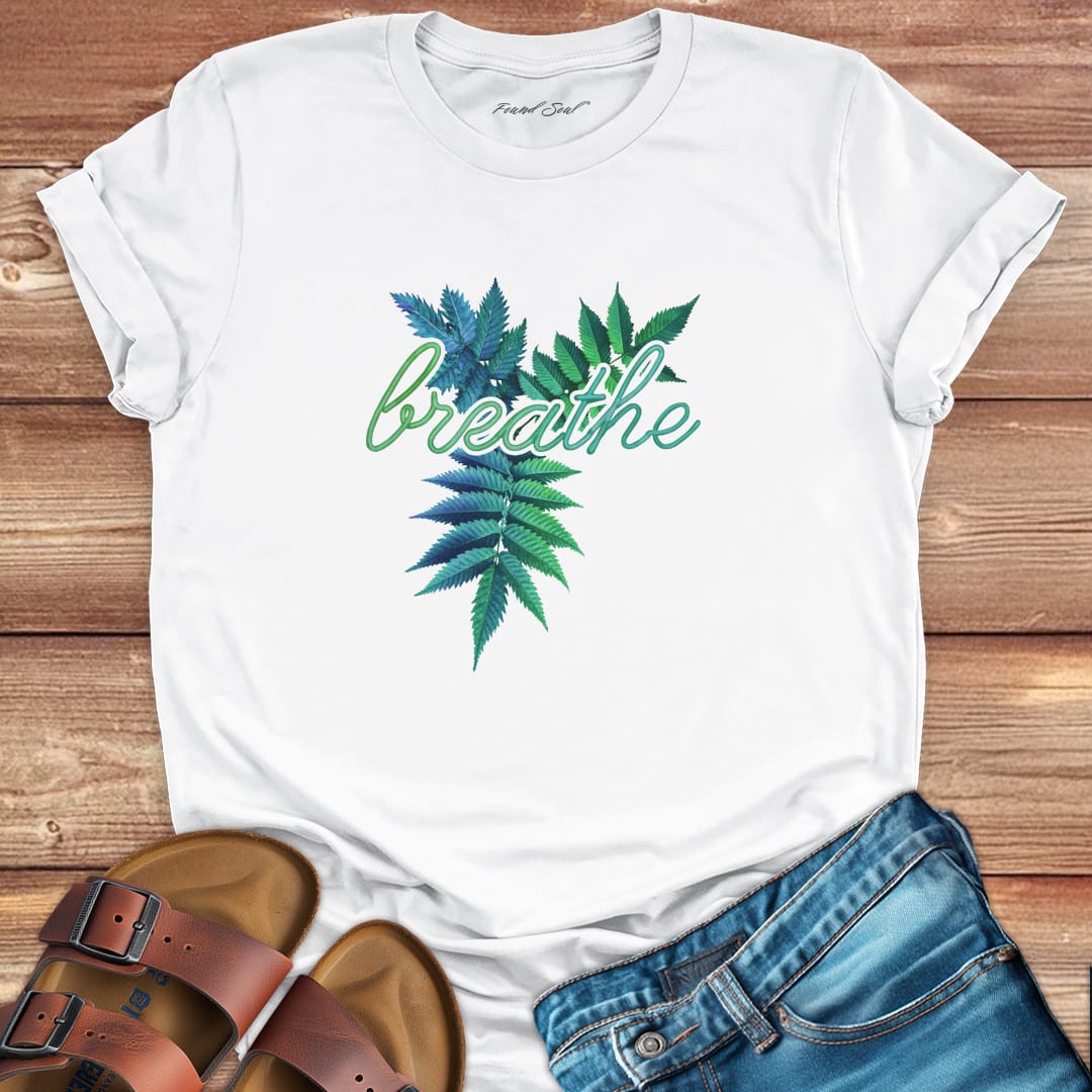 Breathe white t-shirt for mindfulness and presence.