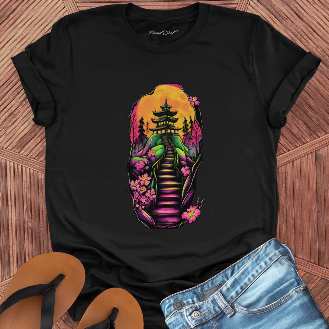 Emerging from cave onto cherry blossom path with temple on black t-shirt for shadow journey emergence spiritual blooming