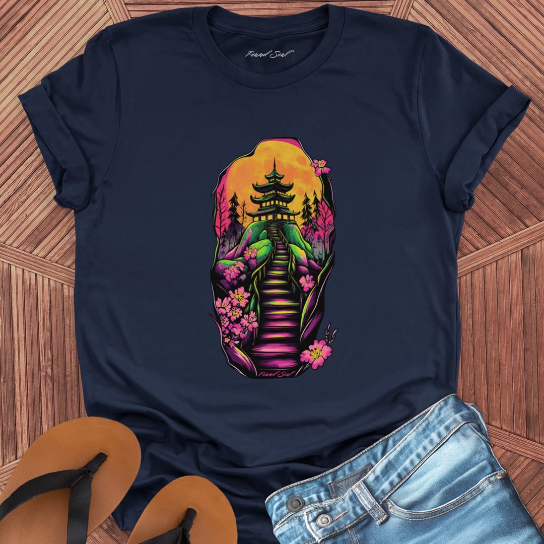 Emerging from cave onto cherry blossom path with temple on navy t-shirt for shadow journey emergence spiritual blooming