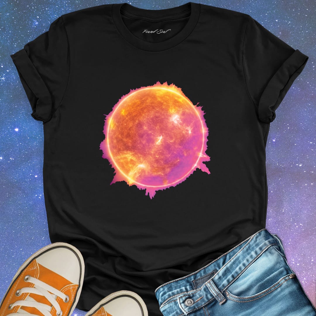 Blazing sun in orange pink gold flames black t-shirt for intensity and passion.