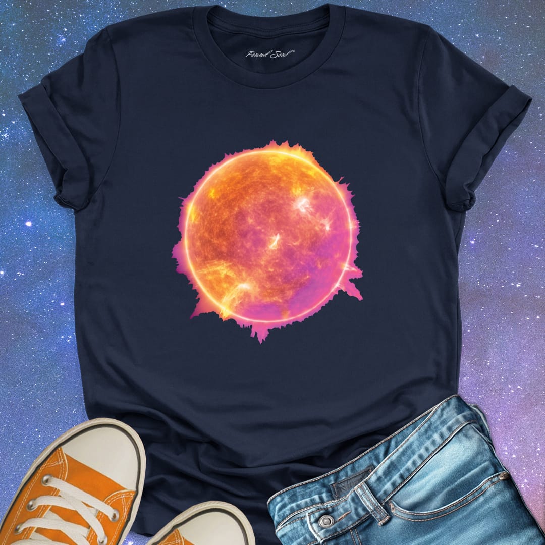 Blazing sun in orange pink gold flames navy t-shirt for intensity and passion.