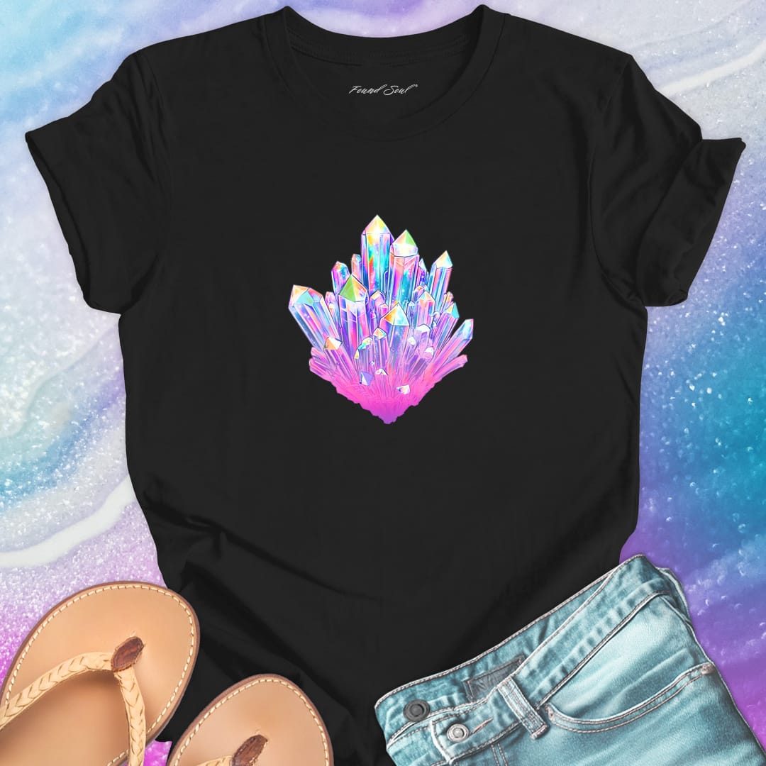 Radiant prismatic crystal glowing with rainbow light on black t-shirt for crystal healing frequency work spiritual communion