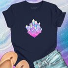 Radiant prismatic crystal glowing with rainbow light on navy t-shirt for crystal healing frequency work spiritual communion