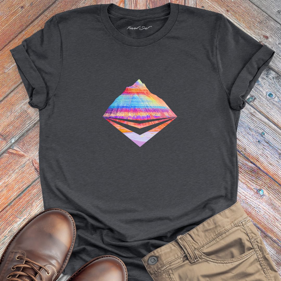 Layered mountains in vibrant gradient tones dark grey t-shirt for mountain elevation color vision ridge climbing spiritual revelation 