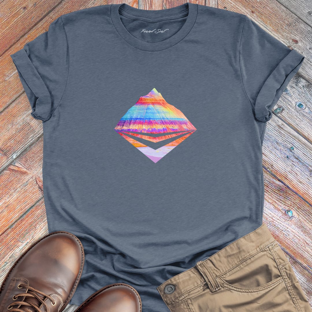 Layered mountains in vibrant gradient tones grey t-shirt for mountain elevation color vision ridge climbing spiritual revelation