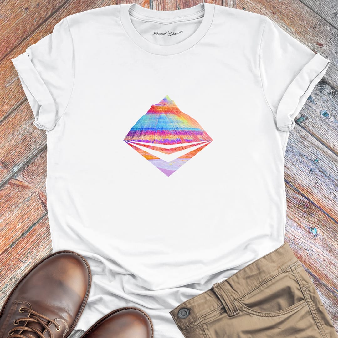 Layered mountains in vibrant gradient tones white t-shirt for mountain elevation color vision ridge climbing spiritual revelation