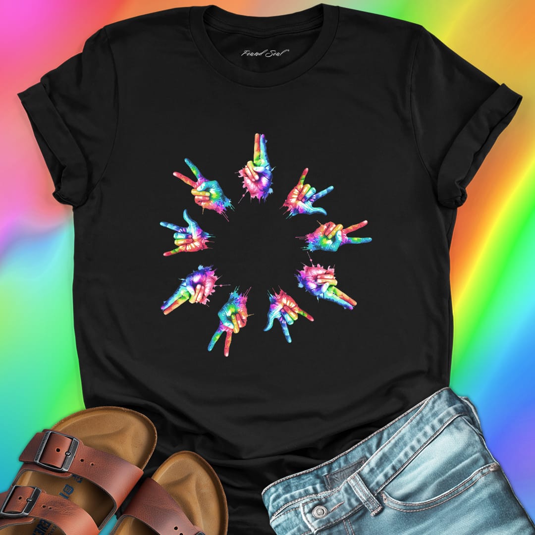 Rainbow tie-dye hands arranged in circle black t-shirt for unity harmony peace community building spiritual connection inclusive love